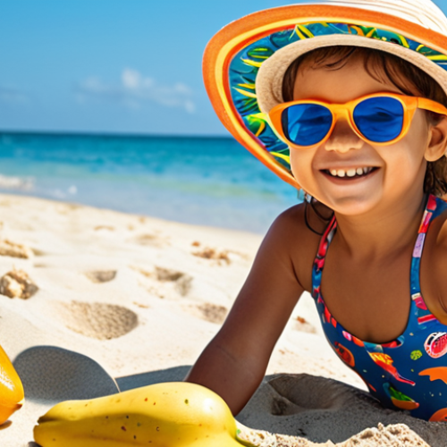 Home 4 **
"A cheerful Brazilian child wearing a UV protective swimsuit with a vibrant tropical print of marine animals and fruits, playing on a sun-drenched beach. The child is building a sandcastle, wearing a wide-brimmed hat and sunglasses. Soft, diffused sunlight, clear blue water in the background. Focus on joy and summer fun."
**