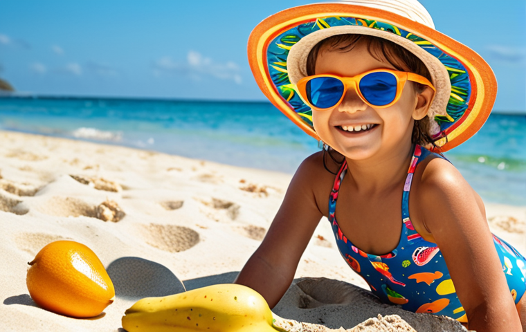 **
"A cheerful Brazilian child wearing a UV protective swimsuit with a vibrant tropical print of marine animals and fruits, playing on a sun-drenched beach. The child is building a sandcastle, wearing a wide-brimmed hat and sunglasses. Soft, diffused sunlight, clear blue water in the background. Focus on joy and summer fun."
**