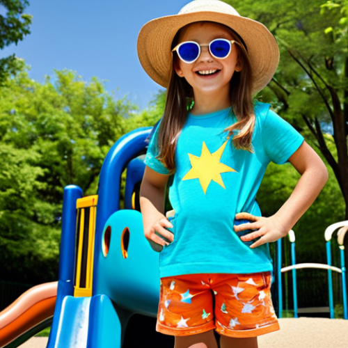 A joyful young girl, approximately 6 years old, fully clothed in comfortable, colorful and modest play attire, including a vibrant t-shirt and shorts. She wears playful, star-shaped sunglasses and a wide-brimmed sun hat with a whimsical dinosaur print. She is standing in a sunlit park playground, surrounded by green trees and a clear blue sky, her expression filled with wonder and imagination as if exploring a new world. The image captures perfect anatomy, correct proportions, and a natural pose. Well-formed hands and proper finger count are visible. Professional photography, high-resolution, sharp focus, natural lighting, safe for work, appropriate content, fully clothed, family-friendly.