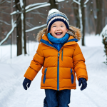 A joyful young child, approximately 6 years old, fully clothed in appropriate, modest winter attire. Dressed in a visible layered