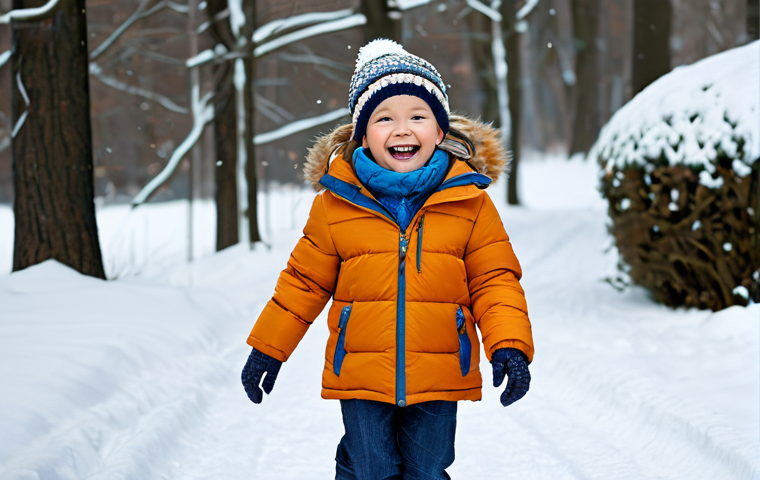 A joyful young child, approximately 6 years old, fully clothed in appropriate, modest winter attire. Dressed in a visible layered