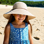 **

"A young girl wearing a wide-brimmed sun hat with a floral print, fully clothed in a sundress, playing on a sandy beach, safe for work, appropriate content, professional, perfect anatomy, natural proportions, well-formed hands, proper finger count, family-friendly, bright sunny day, clear blue sky, beach setting, high-quality."

**