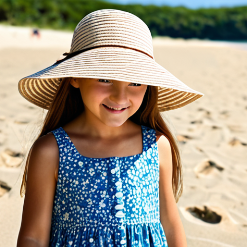 **

"A young girl wearing a wide-brimmed sun hat with a floral print, fully clothed in a sundress, playing on a sandy beach, safe for work, appropriate content, professional, perfect anatomy, natural proportions, well-formed hands, proper finger count, family-friendly, bright sunny day, clear blue sky, beach setting, high-quality."

**