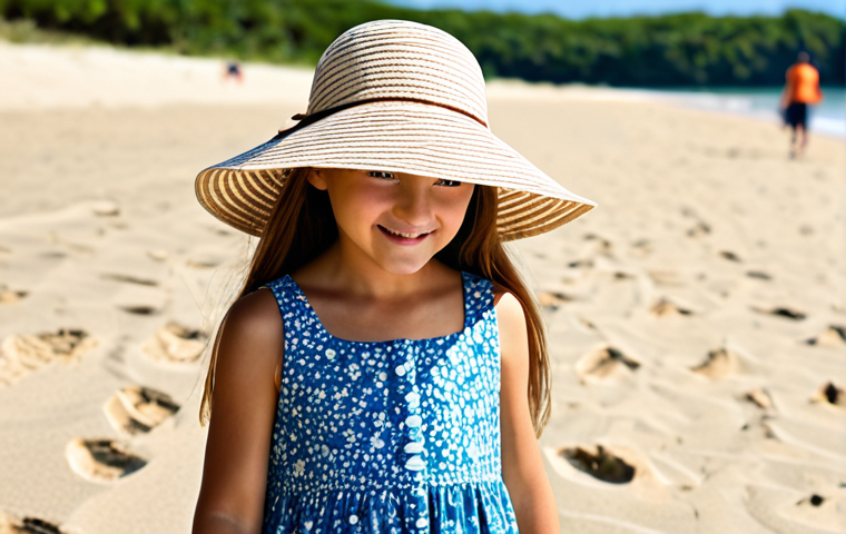 **
"A young girl wearing a wide-brimmed sun hat with a floral print, fully clothed in a sundress, playing on a sandy beach, safe for work, appropriate content, professional, perfect anatomy, natural proportions, well-formed hands, proper finger count, family-friendly, bright sunny day, clear blue sky, beach setting, high-quality."
**