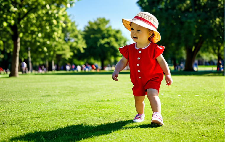 **
"A toddler in a bright red, fully clothed playsuit, safe for work, playing in a sunlit park with other children. The toddler wears a cute sun hat and comfortable shoes. Appropriate content, family-friendly, perfect anatomy, natural proportions, vibrant colors, professional photography, high quality."
**