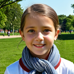 **

"A young girl wearing a modest cotton scarf tied in a classic knot around her neck, fully clothed, appropriate attire, safe for work, perfect anatomy, natural proportions, outdoor setting in a sunny park, family-friendly, professional photography, high quality."

**