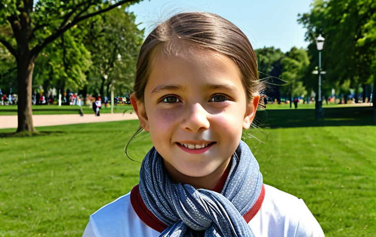 **
"A young girl wearing a modest cotton scarf tied in a classic knot around her neck, fully clothed, appropriate attire, safe for work, perfect anatomy, natural proportions, outdoor setting in a sunny park, family-friendly, professional photography, high quality."
**