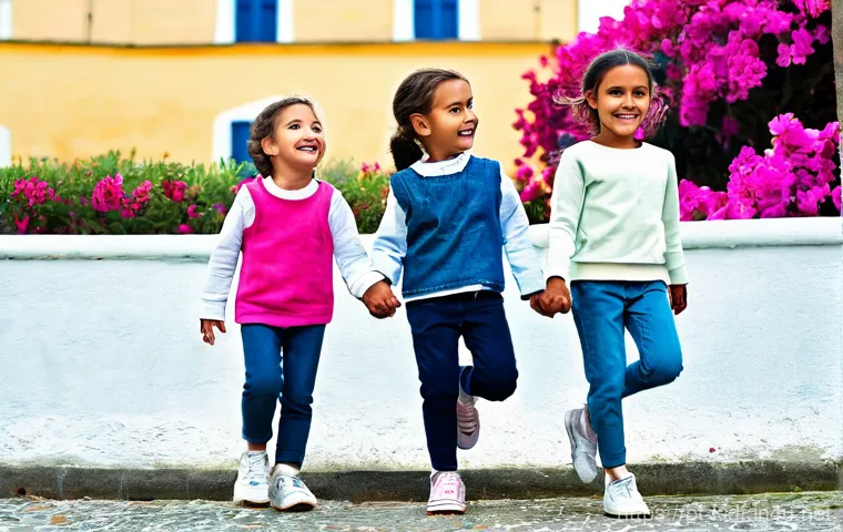 유아 패션에서의 계절 감각 - **Prompt 1: Layering for Portugal's Changeable Weather**
"A group of three joyful Portuguese chi...