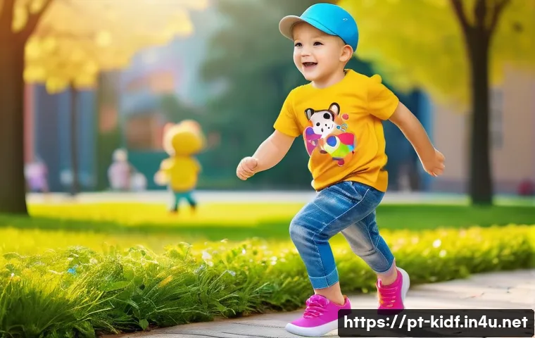 유아용 데님 코디법 - A joyful young child wearing stretchy skinny jeans paired with a colorful, playful printed t-shirt f...