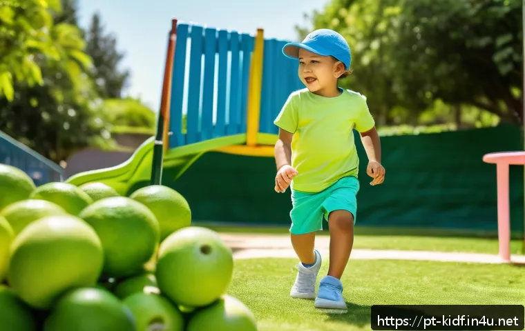 어린이용 반바지 코디 - A lively summer scene featuring a young child wearing vibrant lime green cotton shorts paired with a...
