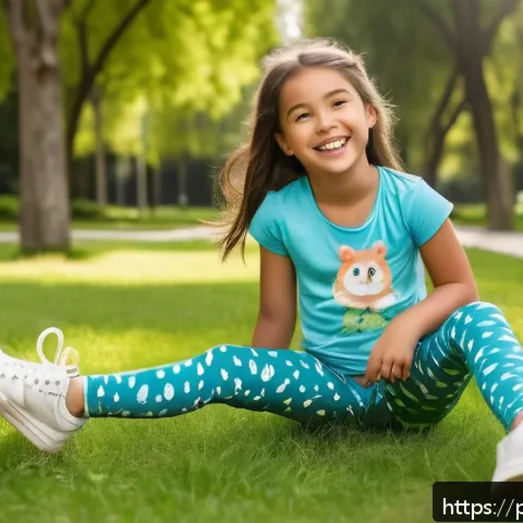 아동용 트렌디 레깅스 - A cheerful young girl wearing colorful, stretchy cotton-spandex leggings with playful cartoon animal...