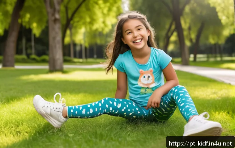 아동용 트렌디 레깅스 - A cheerful young girl wearing colorful, stretchy cotton-spandex leggings with playful cartoon animal...