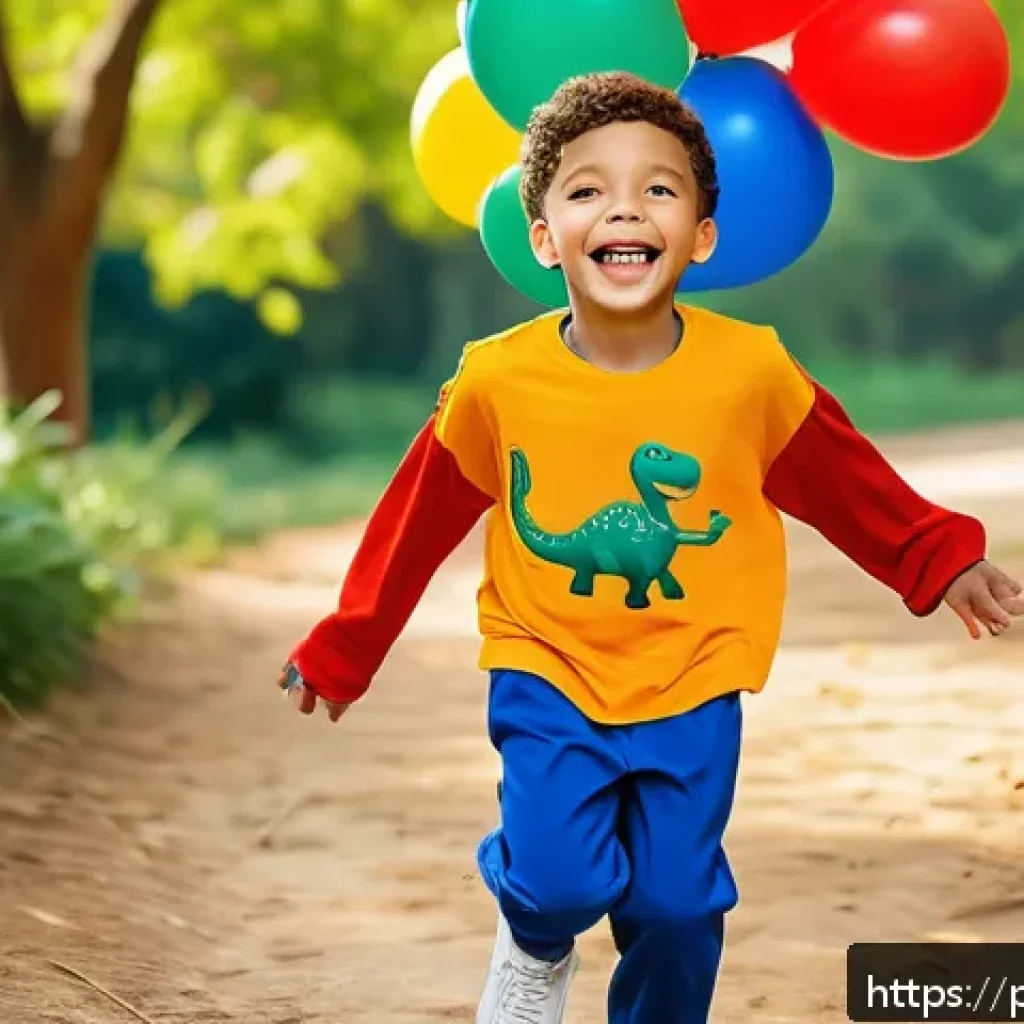 아이들을 위한 파티웨어 - A vibrant children&rsquo;s birthday party scene featuring a joyful boy wearing a bright orange t-shirt mad...