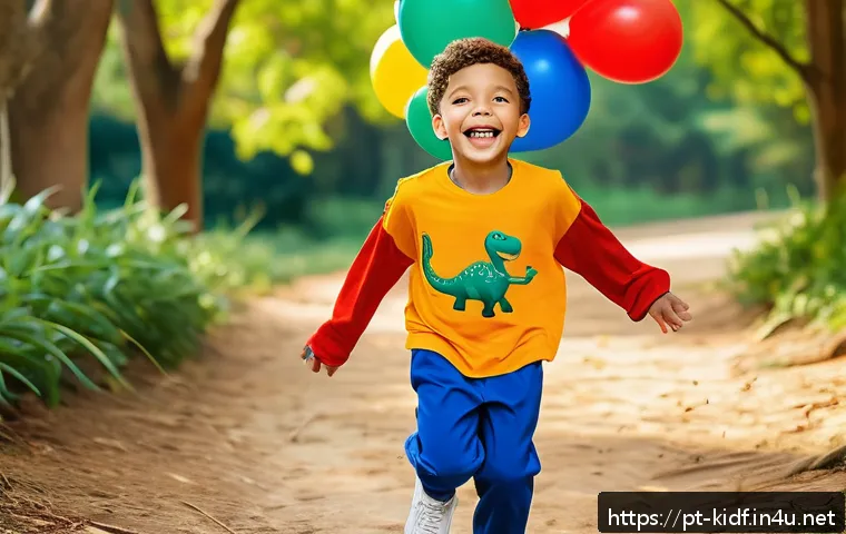 아이들을 위한 파티웨어 - A vibrant children’s birthday party scene featuring a joyful boy wearing a bright orange t-shirt mad...