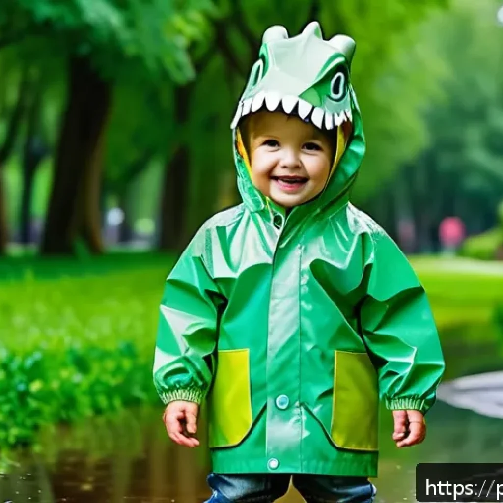 아동용 레인코트 리뷰 - A cheerful toddler wearing a brightly colored, dinosaur-themed waterproof raincoat made of breathabl...