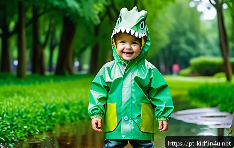 아동용 레인코트 리뷰 - A cheerful toddler wearing a brightly colored, dinosaur-themed waterproof raincoat made of breathabl...