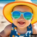 유아용 비치웨어 스타일 - A smiling baby wearing a soft, organic cotton swimsuit with built-in UV protection, featuring vibran...