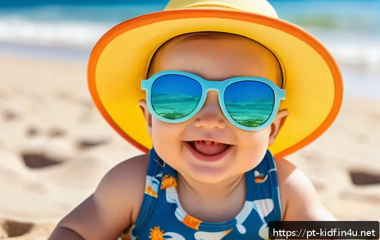 유아용 비치웨어 스타일 - A smiling baby wearing a soft, organic cotton swimsuit with built-in UV protection, featuring vibran...