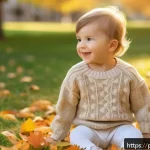 아동용 니트 코디법 - A charming scene of a young child wearing a soft organic cotton knit sweater in neutral beige tones,...