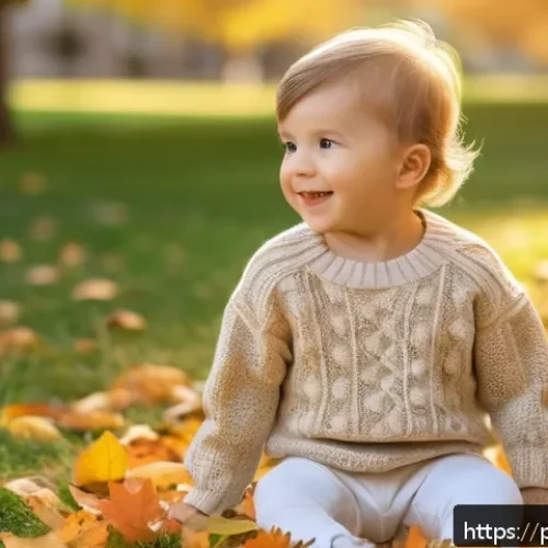 아동용 니트 코디법 - A charming scene of a young child wearing a soft organic cotton knit sweater in neutral beige tones,...