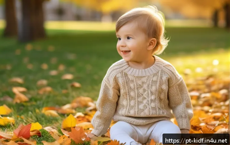 아동용 니트 코디법 - A charming scene of a young child wearing a soft organic cotton knit sweater in neutral beige tones,...