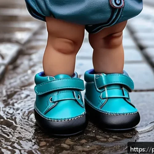 유아용 방수 신발 추천 - A close-up image of a baby wearing waterproof synthetic leather shoes with breathable Gore-Tex membr...