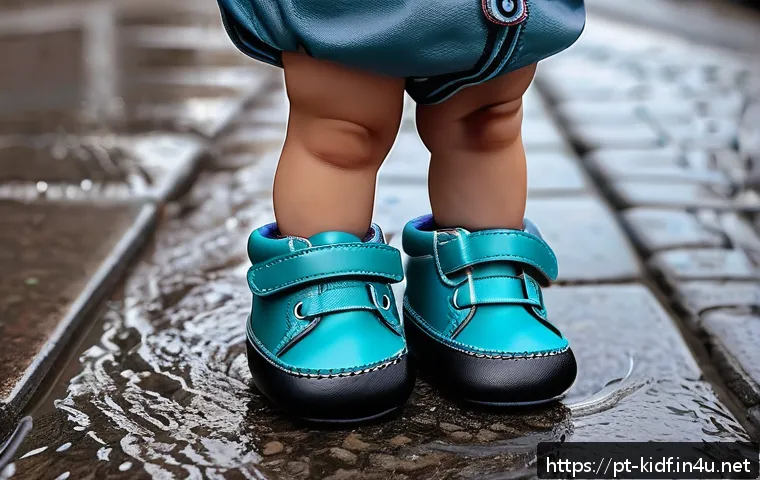 유아용 방수 신발 추천 - A close-up image of a baby wearing waterproof synthetic leather shoes with breathable Gore-Tex membr...