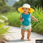 아이 여름 휴가 패션 - A joyful toddler wearing a lightweight cotton t-shirt and breathable linen shorts, playing outdoors ...