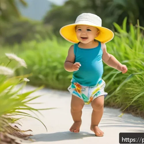 아이 여름 휴가 패션 - A joyful toddler wearing a lightweight cotton t-shirt and breathable linen shorts, playing outdoors ...