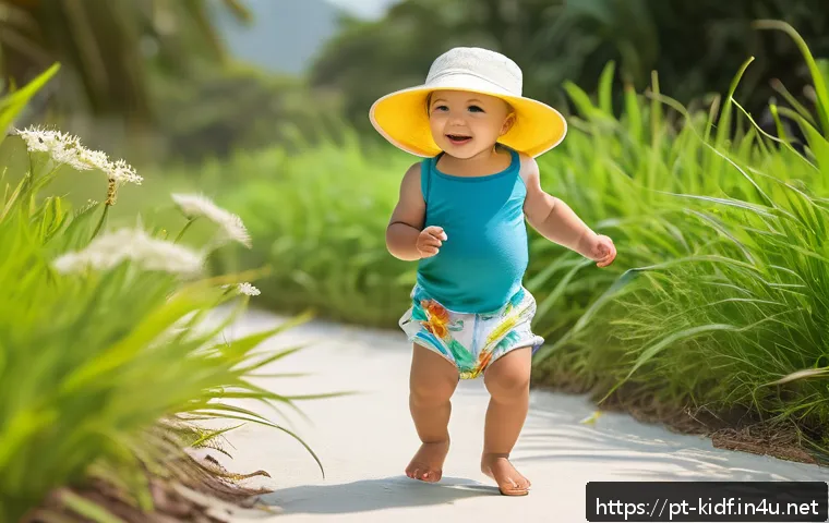아이 여름 휴가 패션 - A joyful toddler wearing a lightweight cotton t-shirt and breathable linen shorts, playing outdoors ...