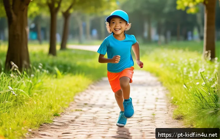아이의 스포츠웨어 선택 팁 - A lively outdoor scene featuring a young child wearing breathable sportswear made of cotton-polyeste...