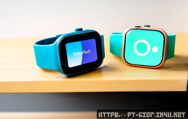 키즈용 스마트워치 추천 - Photorealistic product comparison scene for children’s smartwatches, three unbranded colorful watche...