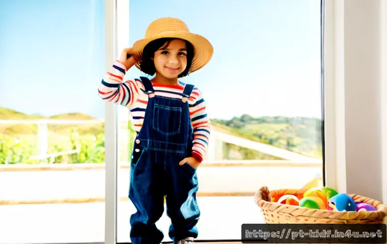 Home 17 아동용 오버롤 스타일링 - Photorealistic children’s fashion scene in a bright Portuguese family home, a cheerful child wearing...