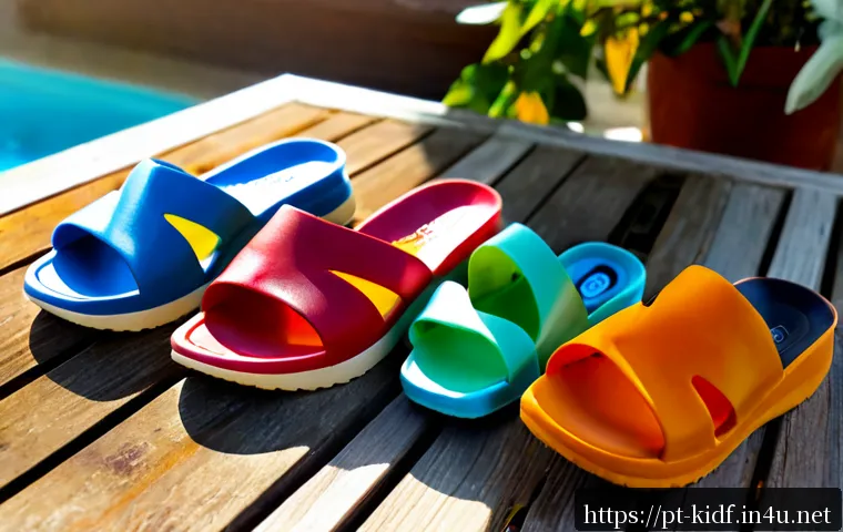 아동용 여름 슬리퍼 리뷰 - Photorealistic product review scene of colorful children’s summer slip-on sandals arranged neatly on...