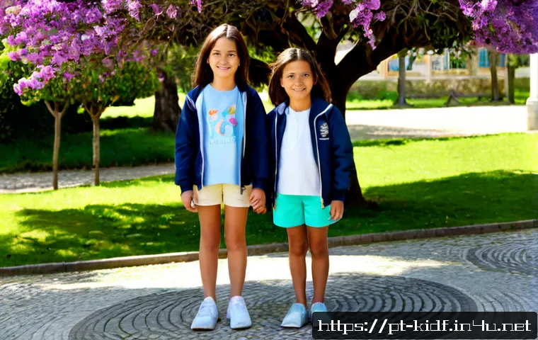 아이들의 봄 패션 추천 - Photorealistic spring children’s fashion scene in a sunny Lisbon park, two smiling school-age childr...
